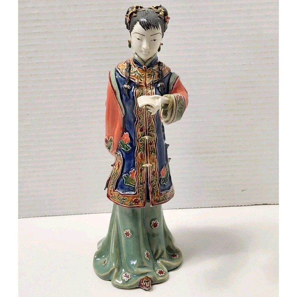 Shiwan Chinese Porcelain Standing Court Lady Figurine Reading Book Scroll EUC